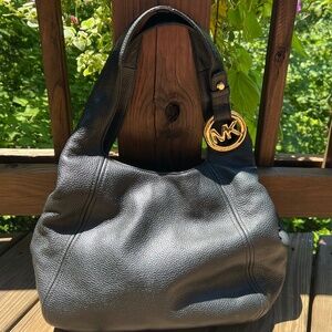 Michael Kors Black Pebbled Leather Medallion Hobo Bag